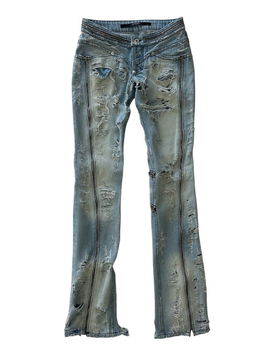 SELF INDULGENCE / Destroyed Zipped Biker Jeans Light Blue