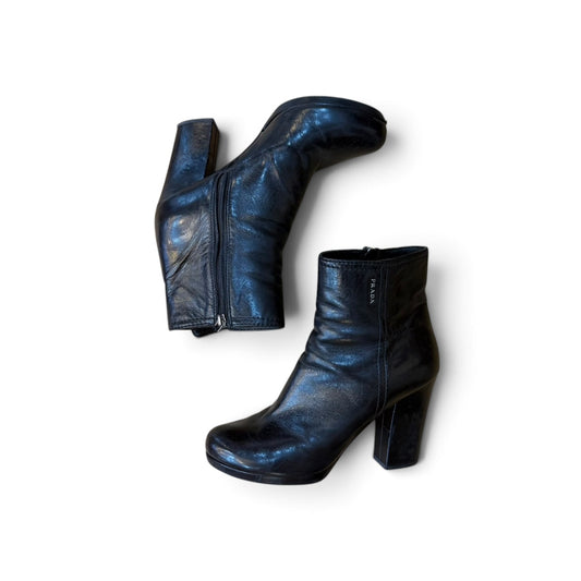 Prada Black Leather Square Heel Side Zip Ankle Boots