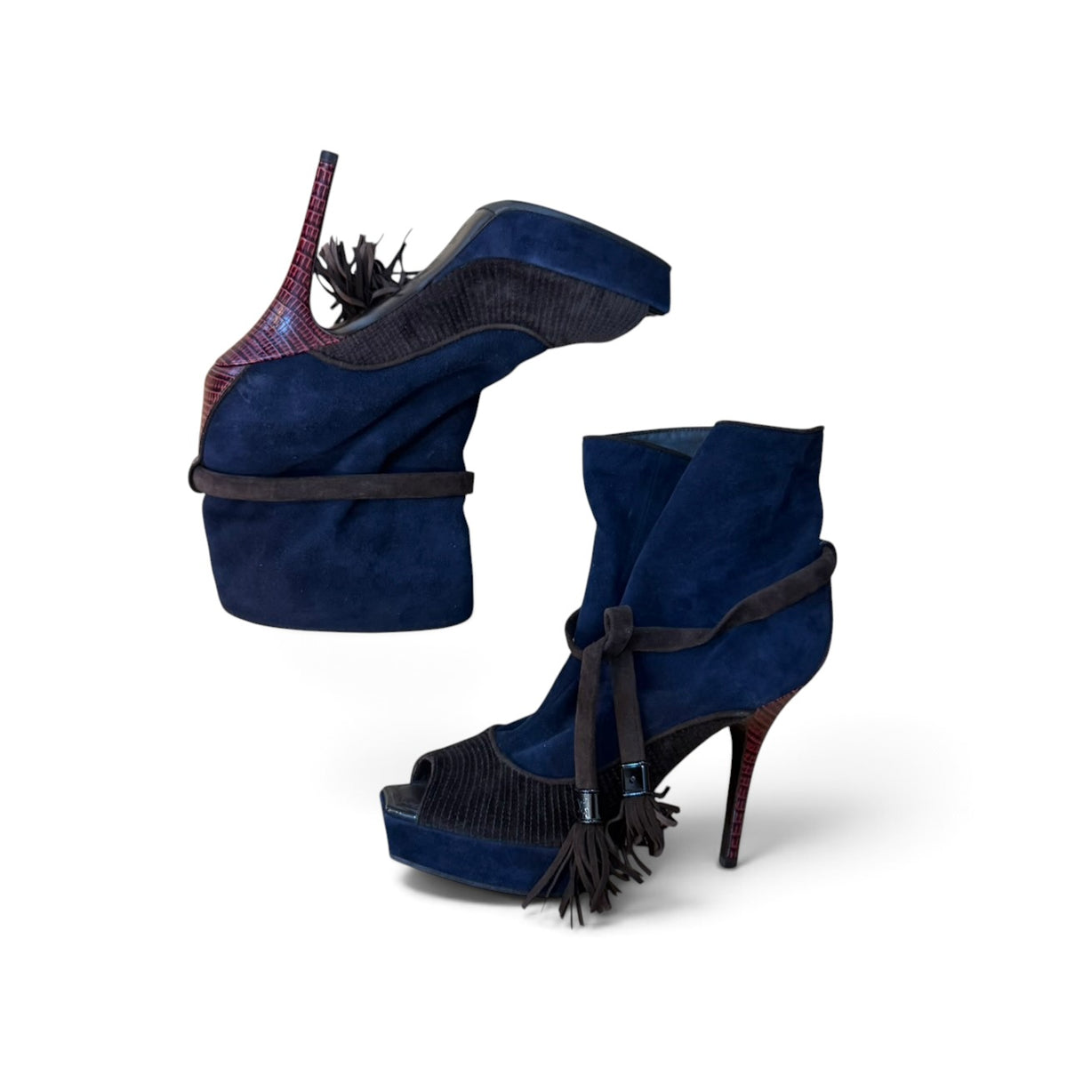 Louis Vuitton Suede Tassel Open Toe Platform Ankle Boots
