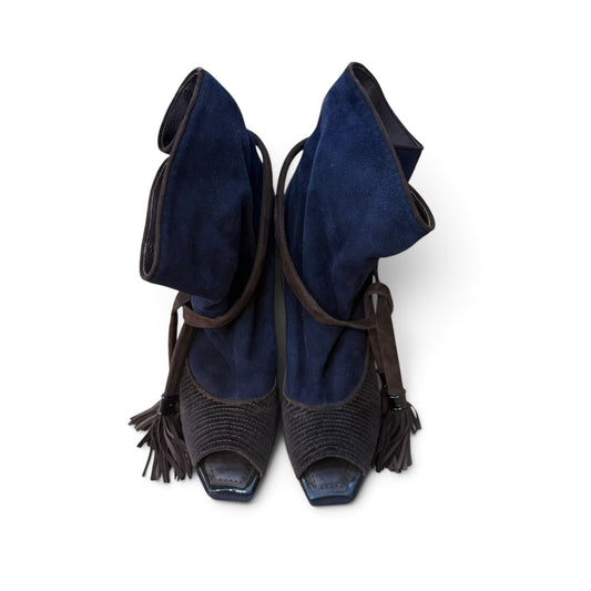 Louis Vuitton Suede Tassel Open Toe Platform Ankle Boots