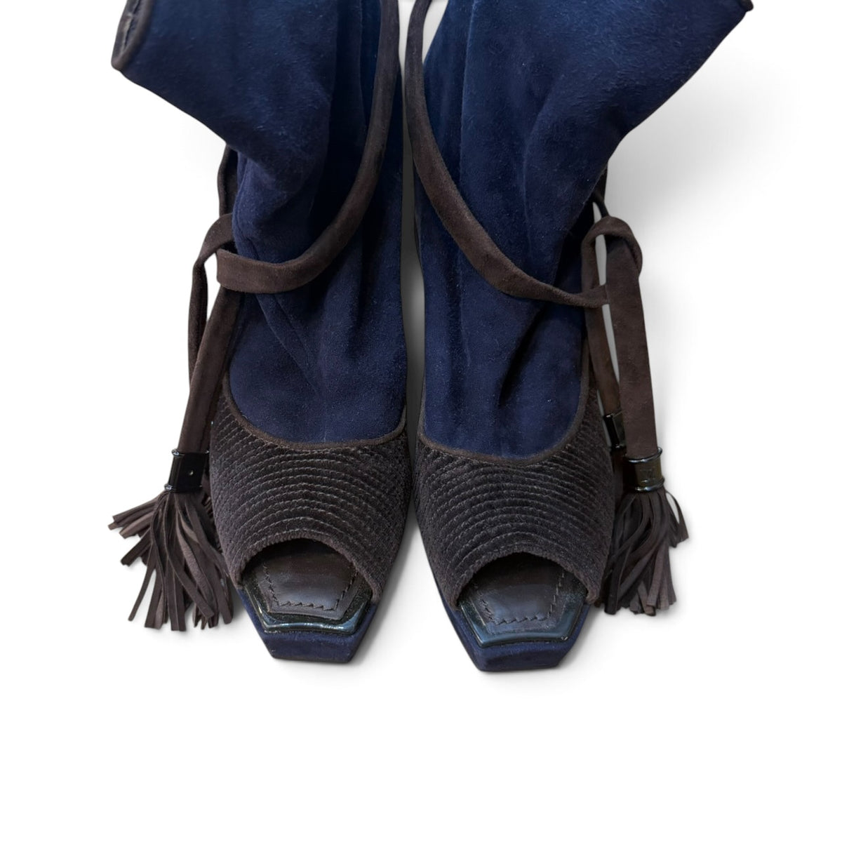 Louis Vuitton Suede Tassel Open Toe Platform Ankle Boots