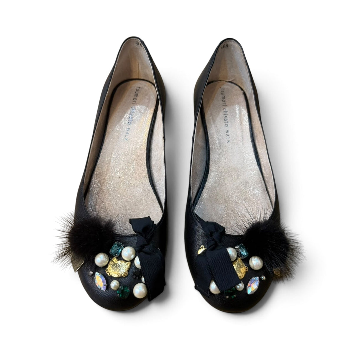 TSUMORI CHISATO WALK Fur Pom Pom Pearl Bijou Ribbon Ballet Flats