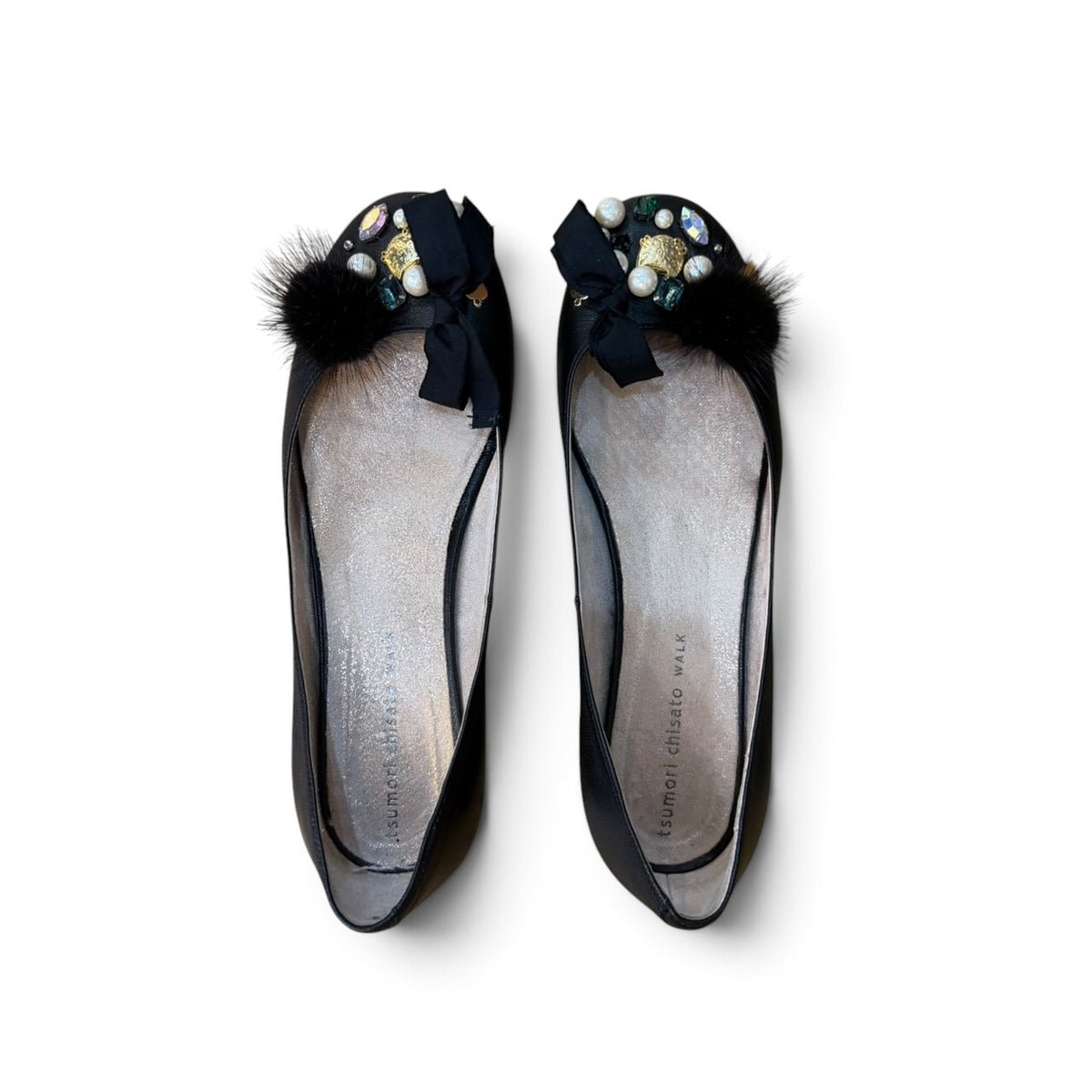 TSUMORI CHISATO WALK Fur Pom Pom Pearl Bijou Ribbon Ballet Flats